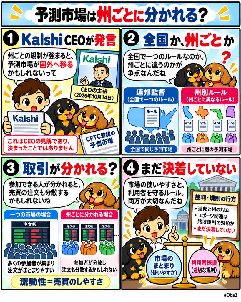 「予測市場は州ごとに分かれる?」Kalshi CEOが州別規制なら予測市場は国外流出すると主張、連邦一元監督と州別ルールの違いが流動性構造を左右。