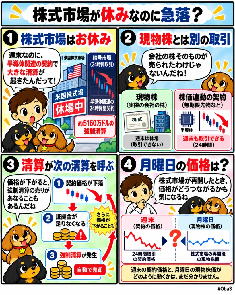 半導体関連の24時間契約で休場中に約5160万ドルが強制清算、現物価格のない時間帯で内部価格とレバレッジが連鎖「株式市場が休みなのに急落？」