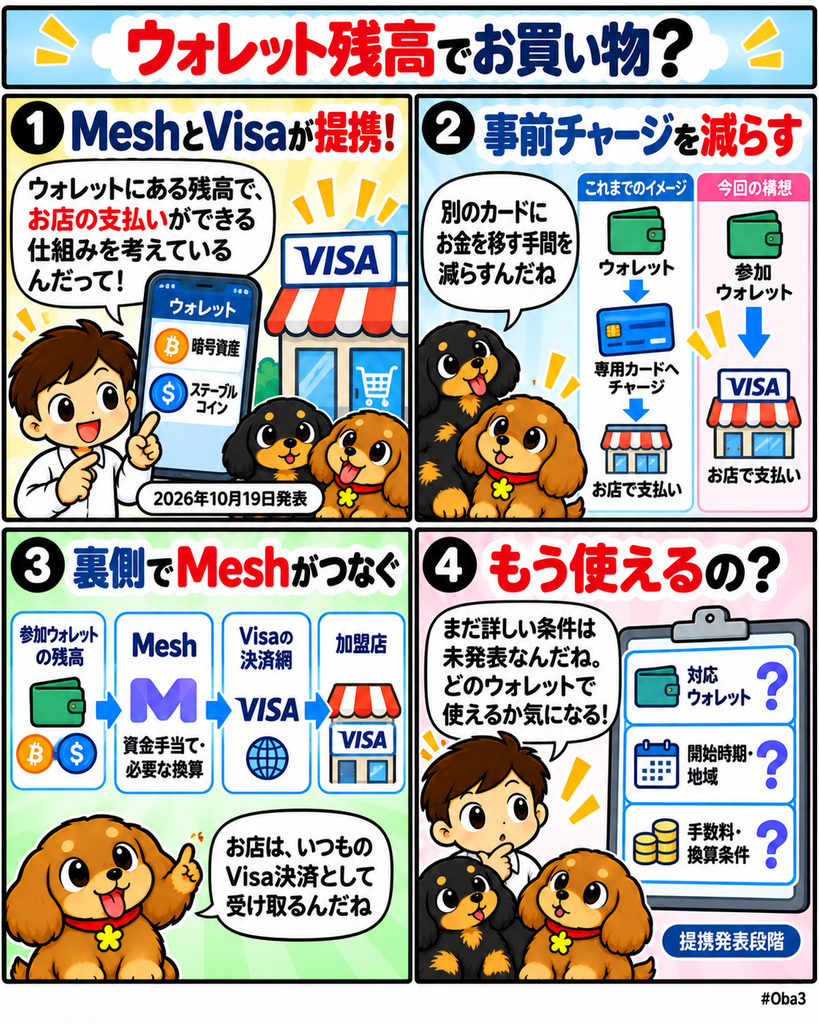 MeshとVisaが既存ウォレット残高を加盟店決済へ接続、専用カード発行ではなく暗号資産を既存決済網へ運ぶ経路を構築「ウォレット残高でお買い物?」