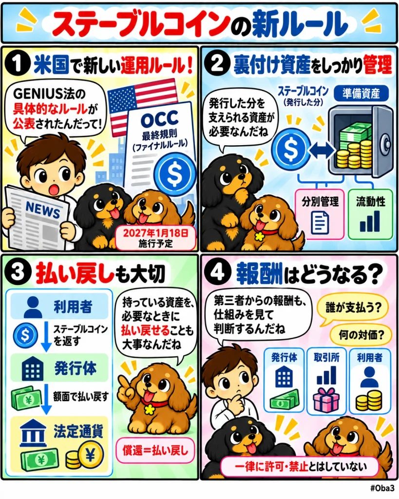 OCCがGENIUS法のステーブルコイン最終規則を公表、準備資産・償還を具体化し報酬設計は個別判断へ「ステーブルコインの新ルール」