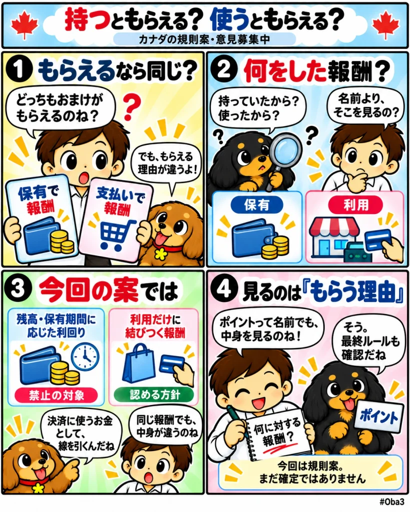 カナダのステーブルコイン規則案を題材に、Oba3と黒犬・茶犬が、保有に応じた利回りと利用だけに結びつく報酬の違いを知り、報酬の名前より仕組みと最終ルールを確認する大切さに気づく4コマ漫画。