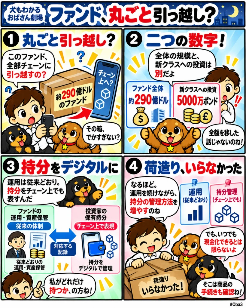 Oba3がファンド全体をチェーンへ移すと勘違いし、黒犬と茶犬との会話から、ファンド全体の規模と新クラスへの投資額の違い、既存の運用を維持して保有持分をチェーン上で表す仕組みを理解する4コマ漫画。
