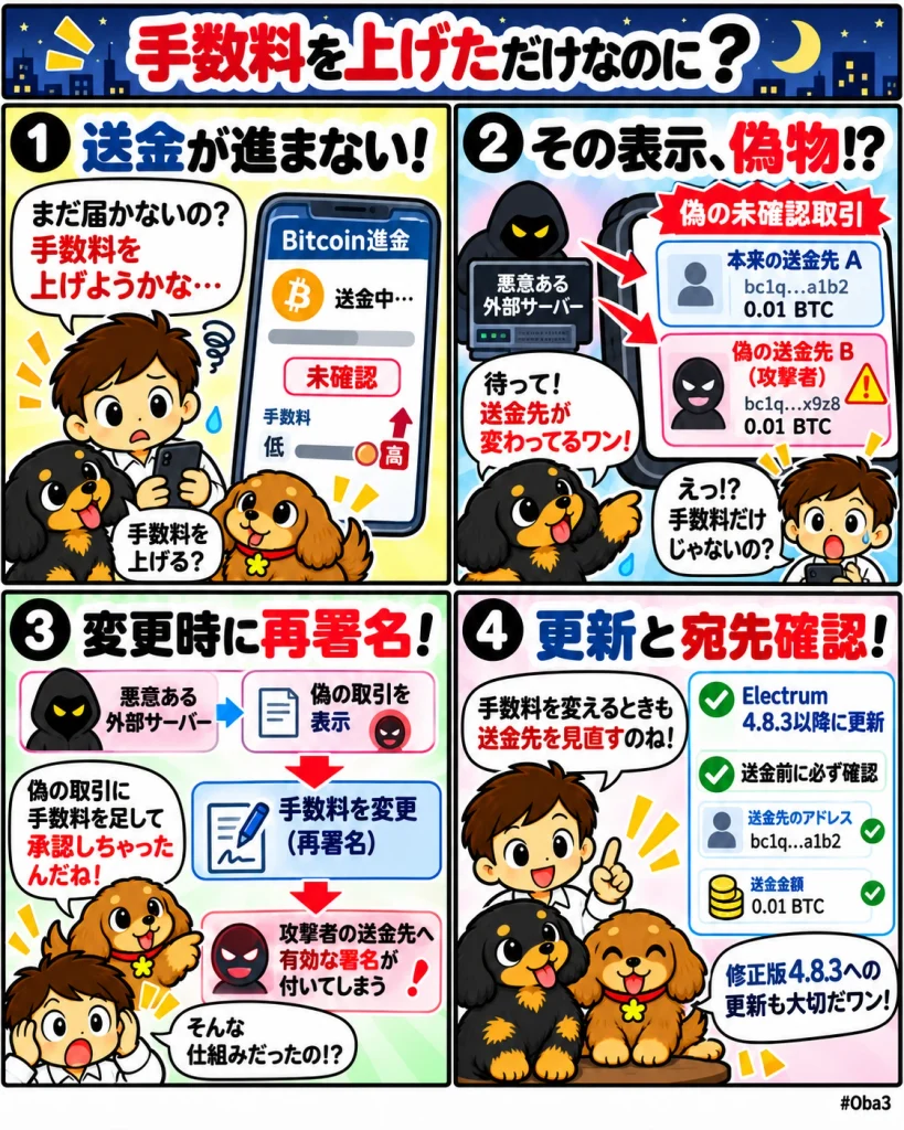 ElectrumのBTC送金で、手数料を引き上げる際に偽の取引を承認してしまう盗難を4コマで解説。Oba3と黒犬・茶犬が、送金先のすり替えと修正版への更新、再署名前の確認を学ぶ。