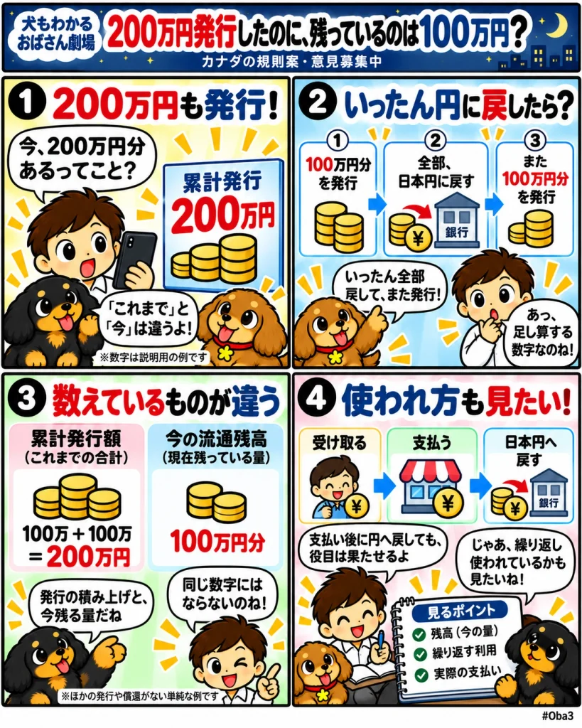 Oba3と黒犬・茶犬が、100万円分の発行、全額償還、再発行の例から累計発行額200万円と流通残高100万円の違いを知り、普及を見るには残高に加えて繰り返す利用や実際の支払いも確かめたいと気づく4コマ漫画。