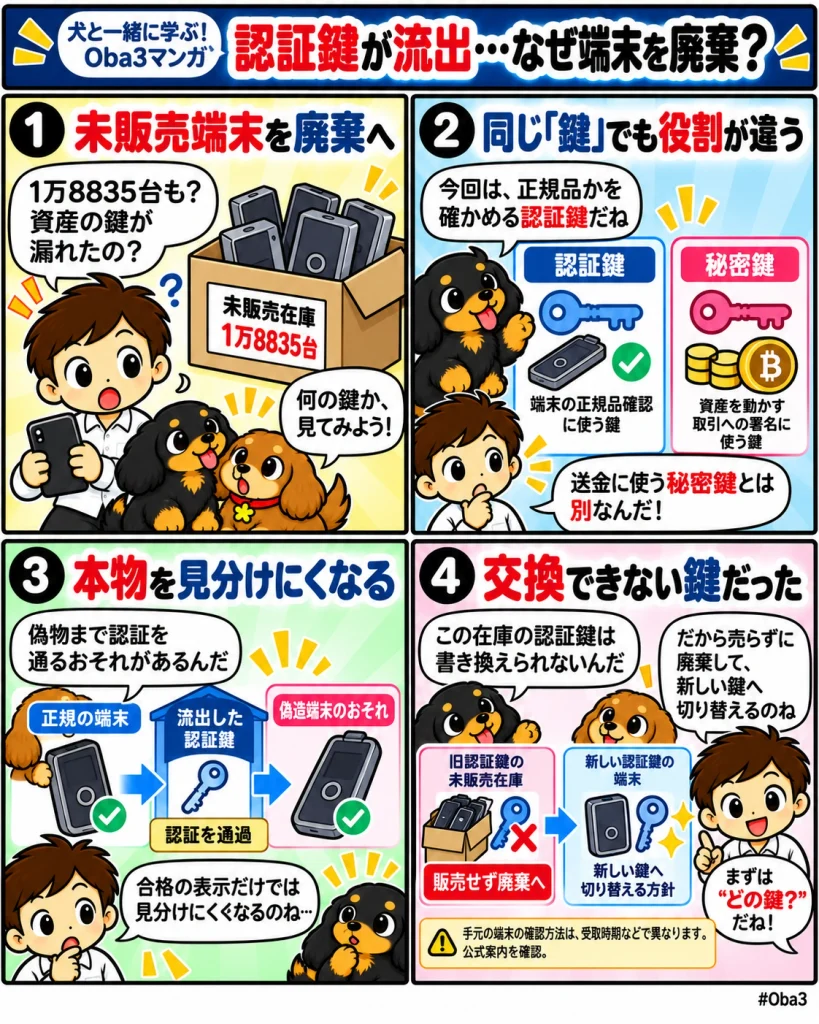 Keystoneの未販売端末廃棄方針をきっかけに、Oba3と黒犬・茶犬が製品認証鍵と資産を動かす秘密鍵の違いを知り、認証鍵の流出で偽造端末を見分けにくくなるおそれと、鍵を書き換えられない在庫を廃棄する理由を理解する4コマ漫画。