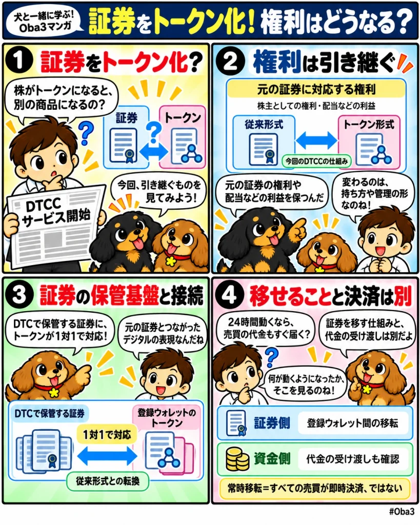 DTCCの証券トークン化を題材に、Oba3と黒犬・茶犬が、元の証券の権利を維持して従来形式とトークン形式を転換する仕組みと、証券の移転と売買代金を含む決済の違いを理解する4コマ漫画。